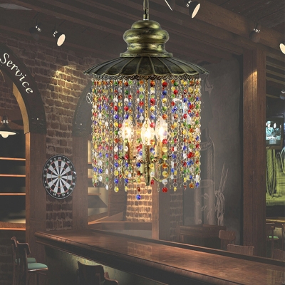 Metal Bronze Chandelier Lamp Flat 3 Heads Art Deco Hanging Ceiling Light with Crystal Teardrop