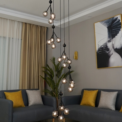 Modern 20 Bulbs Cluster Pendant Gold/Black Globe Suspension Lighting with Clear/Amber/Smoke Gray Glass Shade