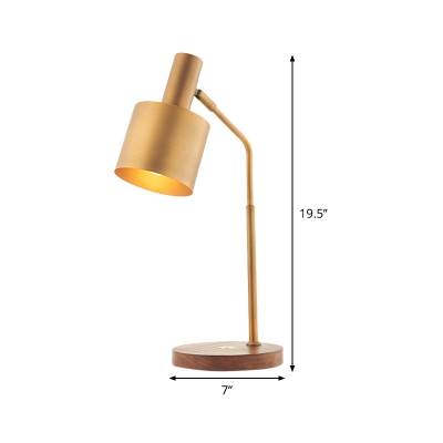 Modern Cylinder Reading Light Metal 1 Bulb Nightstand Lamp in Brass with Wood Base