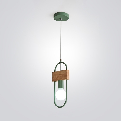 Oval Ring Metal Suspension Light Minimalist 1-Bulb Green/Grey Finish Ceiling Hang Fixture with Rectangle Wood Deco