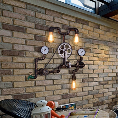 Rust 3 Lights Wall-Mount Light Fixture Farmhouse Metallic Bicycle Sconce Lamp for Restaurant