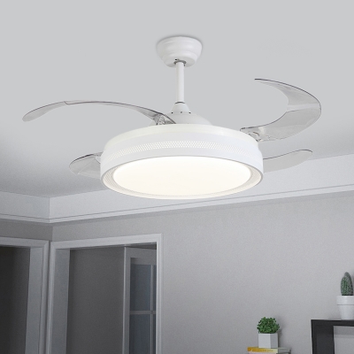 White Drum Hanging Fan Lighting Modern Acrylic 4-Blade LED Semi Flush Mount Lamp with Wall/Remote Control, 42