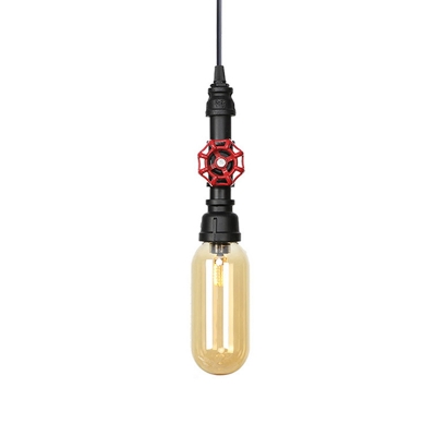 1 Bulb Amber Glass Pendant Vintage Black Capsule Coffee Shop LED Suspension Light with Pipe Design, 3