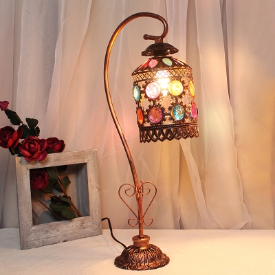 1 Head Dome Desk Light Traditionary Copper Metal Night Table Lamp with Carved Base