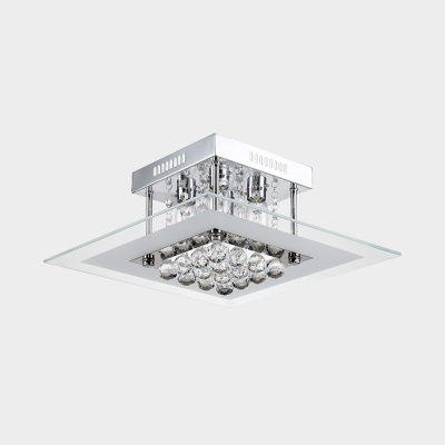 4-Light Bedroom Flush Mount Contemporary Clear Glass Ceiling Lamp in Chrome with Crystal Drop