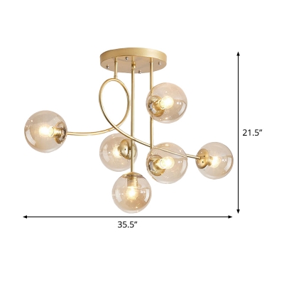 6-Bulb Living Room Ceiling Chandelier Modern Brass Hanging Pendant Light with Sphere Clear Glass Shade