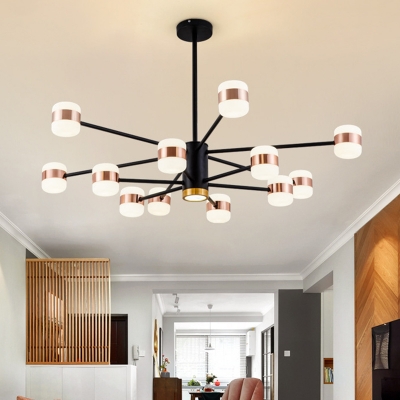 Black 2-Layer Radial Hanging Lighting Modernist 12 Bulbs Iron Chandelier Lamp with Drum Acrylic Shade