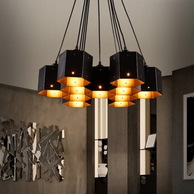 Black 7/10/11 Heads Ceiling Lighting Countryside Iron Hexagon Chandelier Lamp with Honeycomb Design