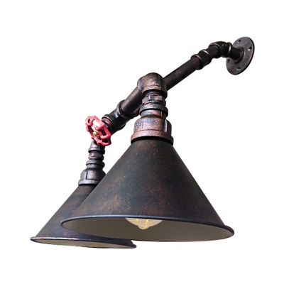 Black Cone Shade Wall Lighting Industrial Iron 2 Heads Living Room Sconce Lamp with Red Valve Deco