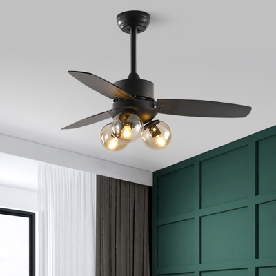 Black/White 3 Bulbs Hanging Fan Light Vintage Clear Glass Globe 3-Blade Semi Flush Lamp Fixture for Living Room, 42