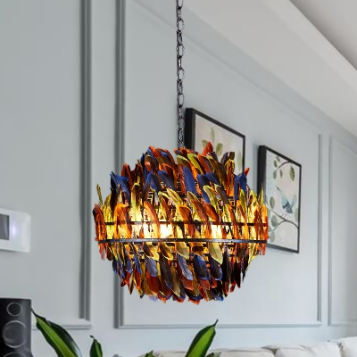 Blue Ball Cage Chandelier Pendant Light Vintage Iron 4 Lights Hanging Lamp with Colorful Feather Deco