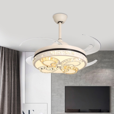 Butterfly Crystal Pendant Fan Lighting Contemporary Living Room 4 Blades LED Semi Flush Mount Lamp in Cream, 42