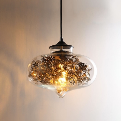 Clear Glass Oval Pendant Light Fixture Simple 1 Bulb Black Shattered Leaves Hanging Ceiling Lamp