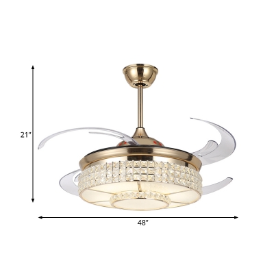 Crystal Drum Pendant Fan Lighting Modern Bedroom LED Semi Flush Mounted Lamp in Gold with 4-Blade, 48