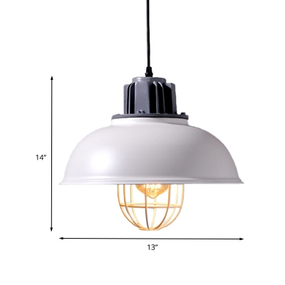 Dome Restaurant Hanging Light Industrial Metallic 1-Light White Finish Ceiling Pendant Lamp with Cage