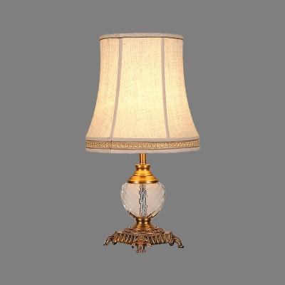 Fabric Bell Desk Light Modern 1 Head Table Lamp in Beige with Carved Brass Metal Base