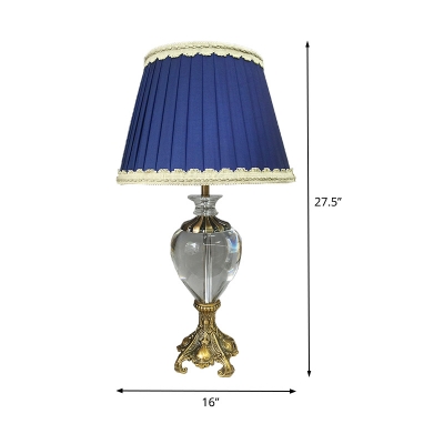 Fabric Cone Task Light Modern 1 Head Blue Nightstand Lamp with Brass Carved Metal Base
