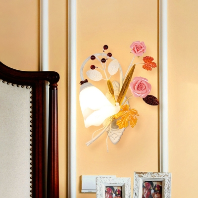 Flared Living Room Wall Sconce Countryside Metal 1 Light White Wall Lighting Fixture with Rose and Leaf, Left/Right