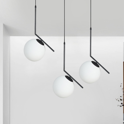 Iron Angled Arm Hanging Lighting Simple 3 Bulbs Multi Lamp Pendant in Black with Orb Milk Glass Shade