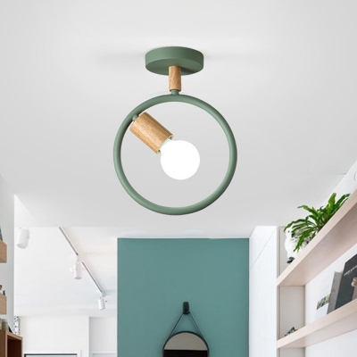 Metal Ring Semi Flush Lighting Modernist 1-Light Flush Mount Ceiling Lamp in Grey/Green/White with Tube Wood Arm