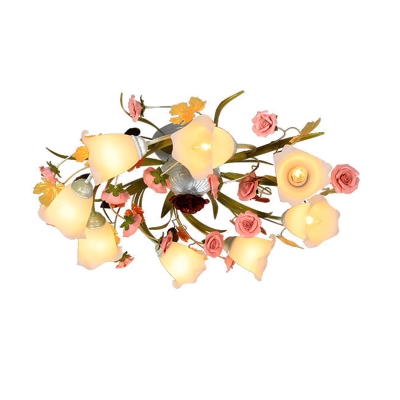 Metal White Ceiling Lamp Spiral 5/8-Light Romantic Pastoral Flower Semi Flush Mount Lighting for Living Room