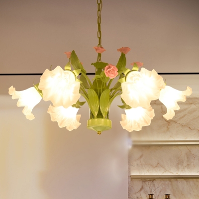 Milk Glass Green Chandelier Lighting Rose 6/8 Heads Country Style Hanging Light Fixture for Restaurant