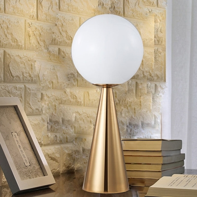 Milky Glass Ball Table Lamp Modern 1 Head Desk Light with Tapered Gold Metal Base