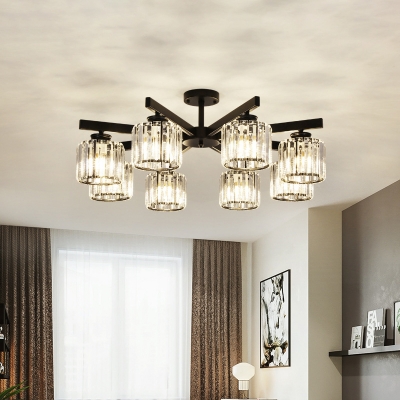 Minimalist 8-Head Flush Ceiling Light with Crystal Shade Black Cylinder Semi Flush Mount for Living Room