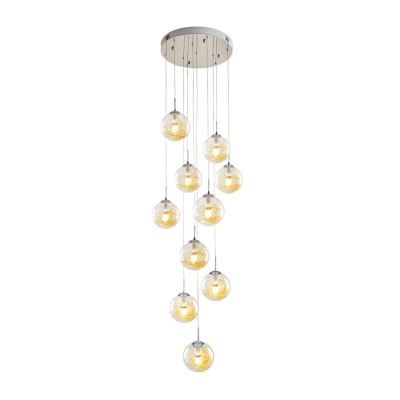 Minimalist Sphere Cluster Pendant Clear Glass 10 Bulbs Stair Suspension Lighting Fixture in Silver