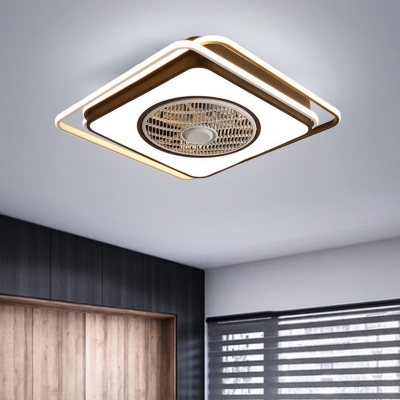 Minimalist Square Pendant Fan Lighting LED Acrylic Semi Flush Lamp Fixture in Black for Bedroom, 21.5