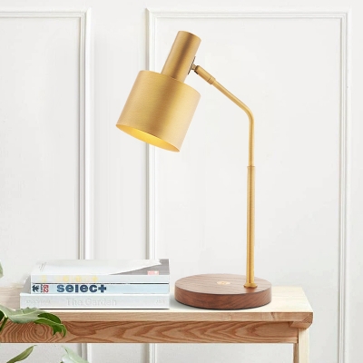 Modern Cylinder Reading Light Metal 1 Bulb Nightstand Lamp in Brass with Wood Base