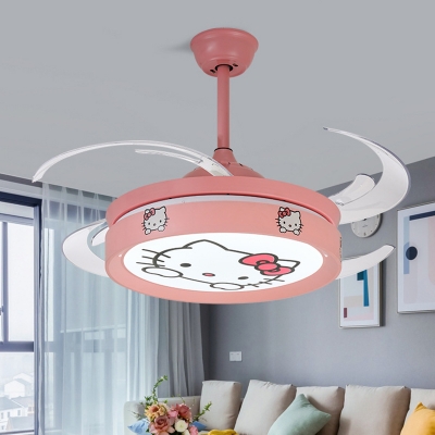 Nordic Kids Drum 4 Blades Fan Lighting Metallic Bedroom LED Semi Flush Light Fixture in Pink, 47