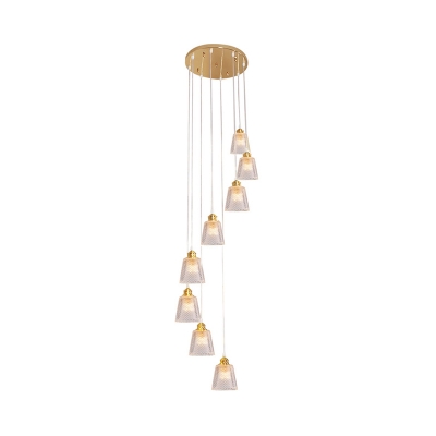 Prismatic Glass Barrel Cluster Pendant Modernist 8 Bulbs Ceiling Suspension Lamp in Gold