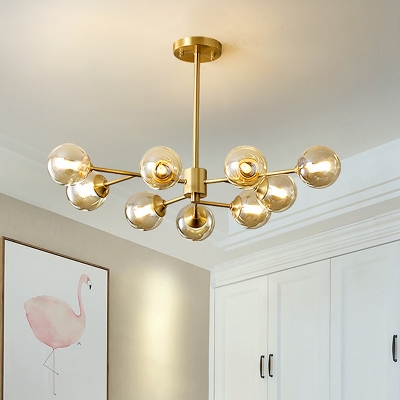 Spherical Clear Glass Hanging Lighting Modern 9-Bulb Brass Finish Sputnik Chandelier Pendant Lamp