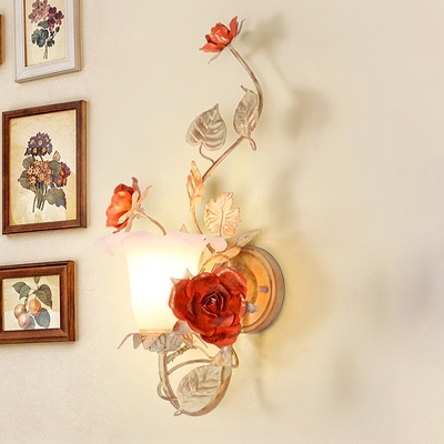 Swooping Arm Bedroom Wall Light Traditional Metal 1 Head Coffee Wall Sconce Lamp with Rose