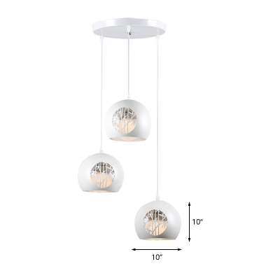 White Globe Cluster Pendant Light Minimalist 3 Lights Iron Ceiling Hang Fixture with Hollow-Out Bamboo Pattern