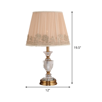 Wide Flare Crystal Table Light Contemporary Fabric 1 Bulb Small Desk Lamp in Beige