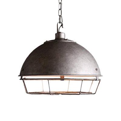 1 Head Iron Ceiling Light Antiqued Black/Rust/Silver Finish Caged Restaurant Hanging Pendant with Dome Shade