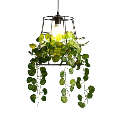 1 Light Metal Hanging Lamp Vintage Black Barrel Restaurant LED Suspension Pendant with Plant Decoration