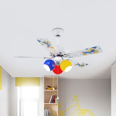 3 Bulbs Semi Flush Light Kids Bedroom 5 Blades Ceiling Fan Lamp with Ball Pink/Yellow/Red Glass Shade, 42