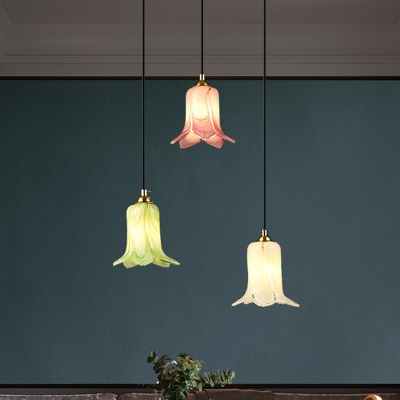 3 Lights Lily Cluster Pendant Pastoral White/Green/Purple Metal LED Hanging Light for Living Room