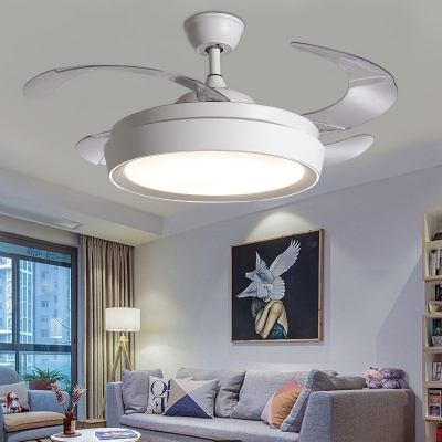 4-Blade Drum Living Room Hanging Fan Lamp Simple Acrylic LED White Semi Flush Light with Wall/Remote Control, 36