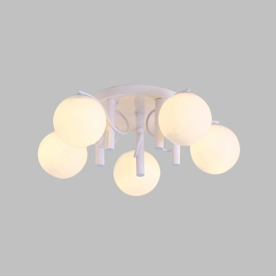 5-Light Living Room Semi Flush Lamp Modernist White/Black Ceiling Mount Fixture with Sphere Milk Glass Shade