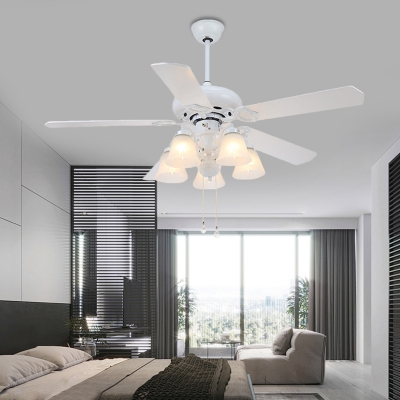 5 Lights Bell Ceiling Fan Lamp Modern White Opal Glass Semi Flush Mount Lamp with 5 Blades for Living Room, 48