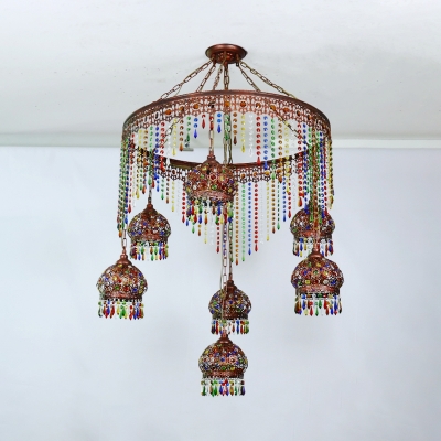 4/7 Heads Domed Pendant Chandelier Art Deco Metal Ceiling Hanging Light in Brass with Crystal Teardrop