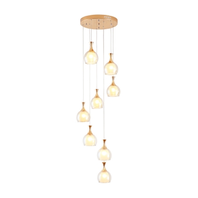 8 Heads Living Room Drop Lamp Minimalism Gold Multi Light Pendant with Dome Amber Glass Shade