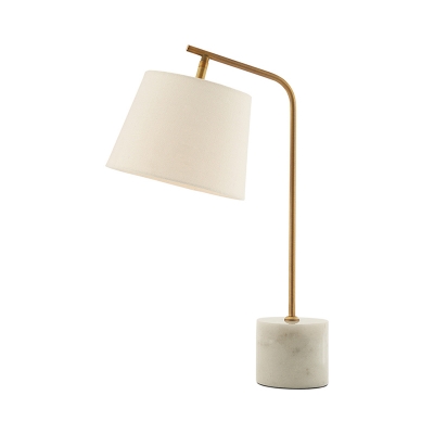 Barrel Fabric Desk Light Modernism 1 Bulb White Night Table Lamp with Metal Curved Arm