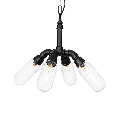 Black 2/3/4-Head LED Pendant Light Fixture Rustic Clear Glass Capsule Ceiling Chandelier with Radial Pipe Design