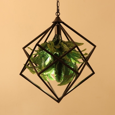 Black Geometric Plant Hanging Lamp Antique Metal 1 Bulb Restaurant LED Suspension Pendant, 18