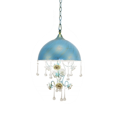 Bowl Living Room Pendant Lamp Pastoral Metal 1 Light Pink/Blue Hanging Ceiling Light with Crystal Accent